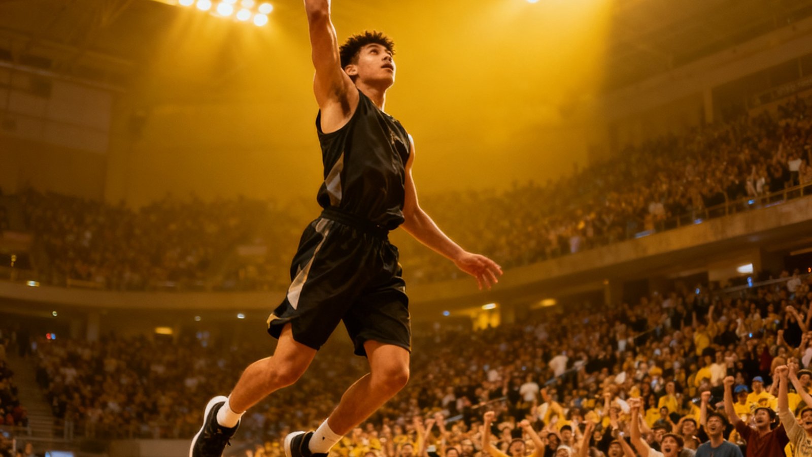 NBA夏季联赛精彩集锦画面：一名年轻球员飞身扣篮的瞬间，背景是明亮的球馆灯光和密集的观众席，传递出新秀球员的活力与潜力